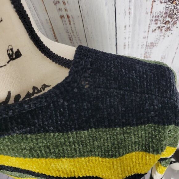 Express Black Green Yellow & White Striped Small Soft Knit Cozy V-Neck Sweater - Picture 6 of 8